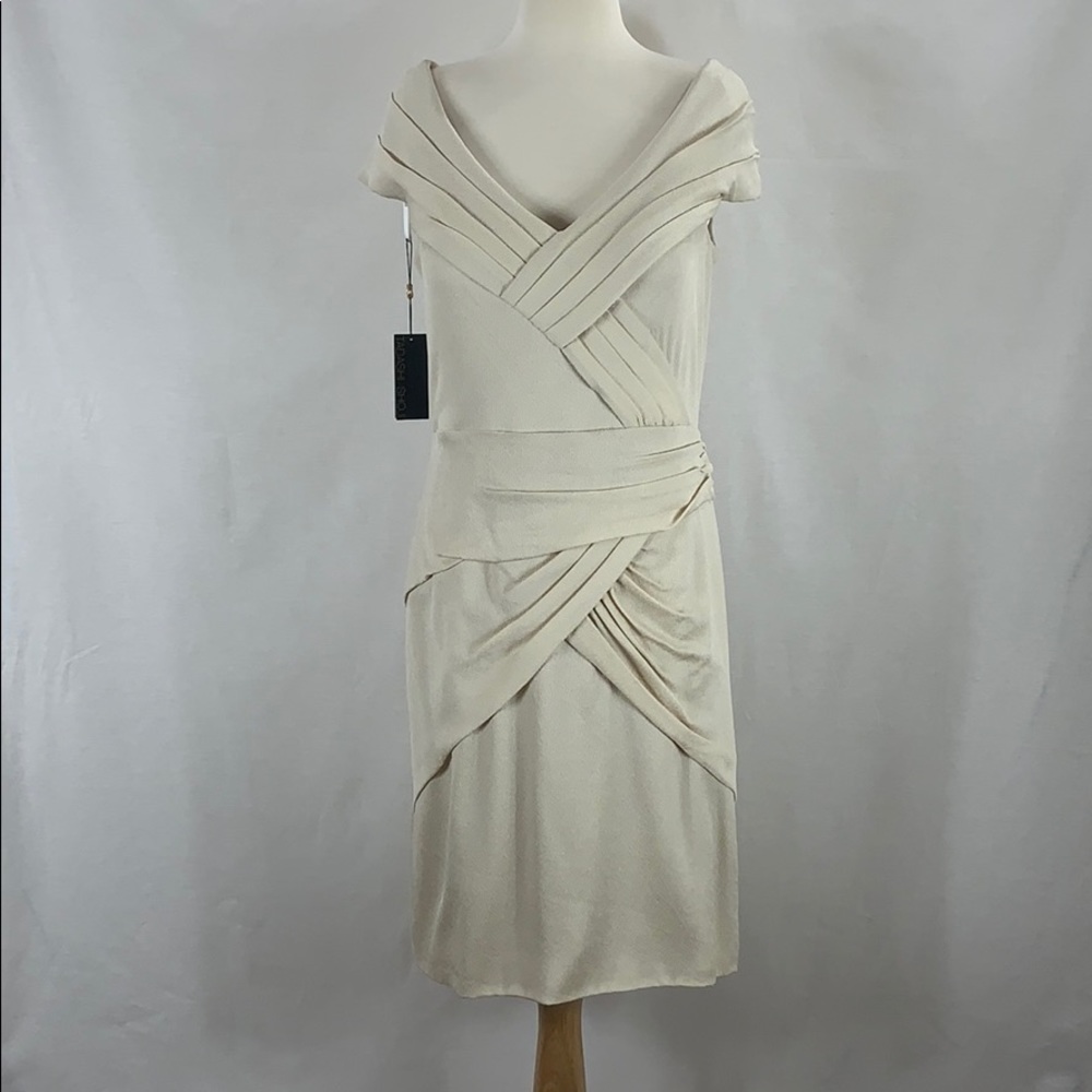 TADASHI SHOJI Stretch Silk Dress, Cream Size 14 NWT $548